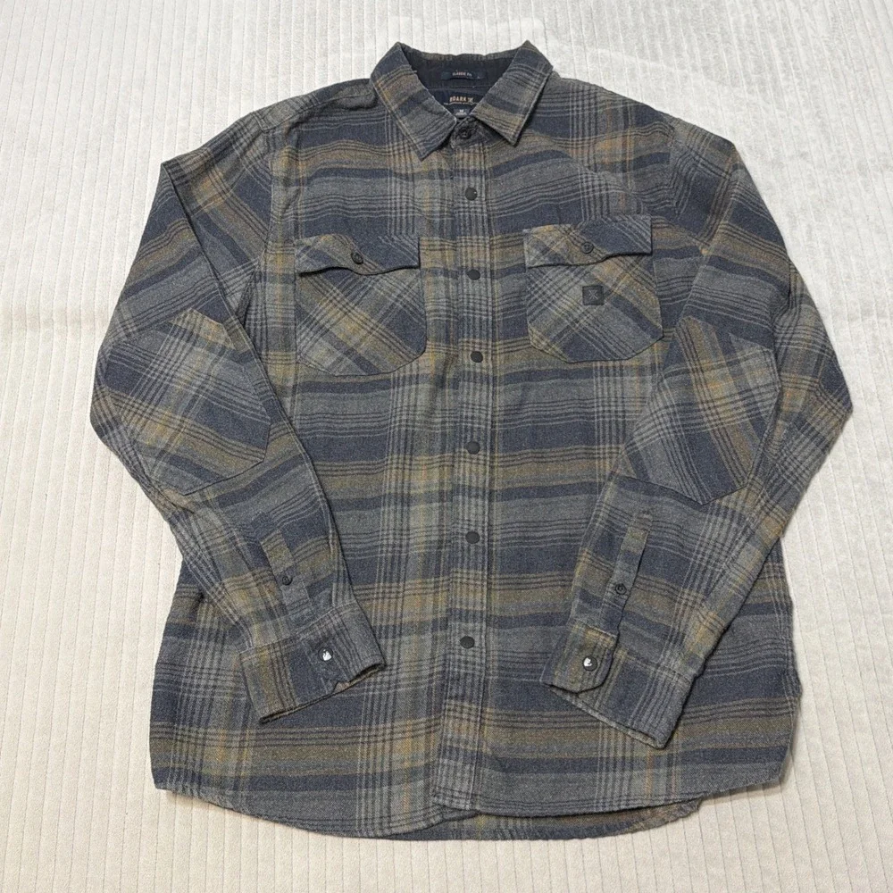 Roark Flannel Shirt Men Medium Classic Fit Snap Button Flap Pockets Patches